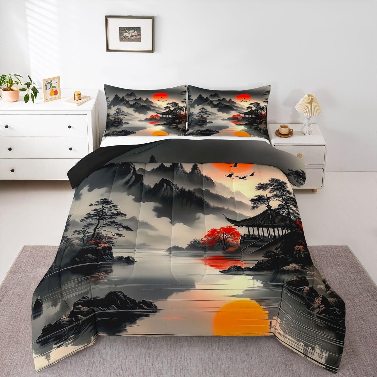 jejeloiu Chinese Ink Painting Comforter Set All Season Red Sun Bedding Set with 2 Pillow Cases Mountain Microfiber Kids Queen Bedclothes Japanese Style Bedroom Decor Duvet Quilt Breathable Soft