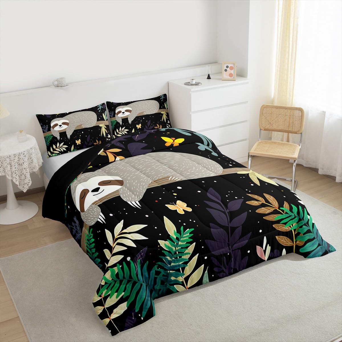 Feelyou Sloth Comforter Cute Sloth Bedding Set for Kids Boys Girls Galaxy Butterfly Comforter Set Botanical Leaves Inner Fill Duvet Set 1 Comforter Set with 2 Pillowcases Queen Size