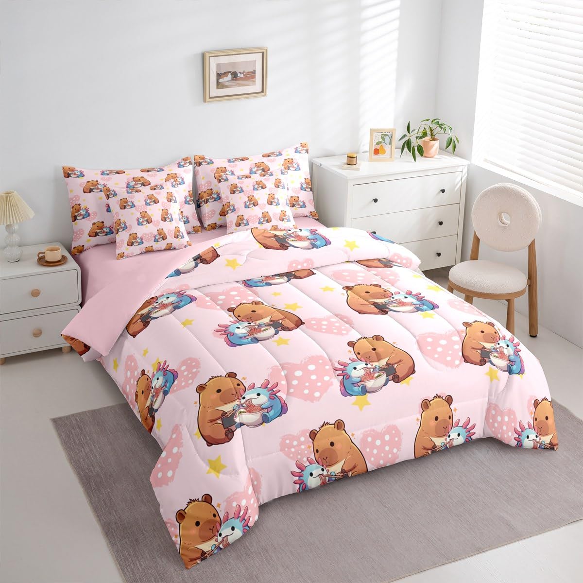 Erosebridal Girls Cute Capybara 7 Pieces Bedding Set, Axolotl Bed in a Bag Full, Capybara Feeding Noodles to Salamanders Pink Comforter Set with Sheets, Star Polka Dot Love Heart Bed Sets
