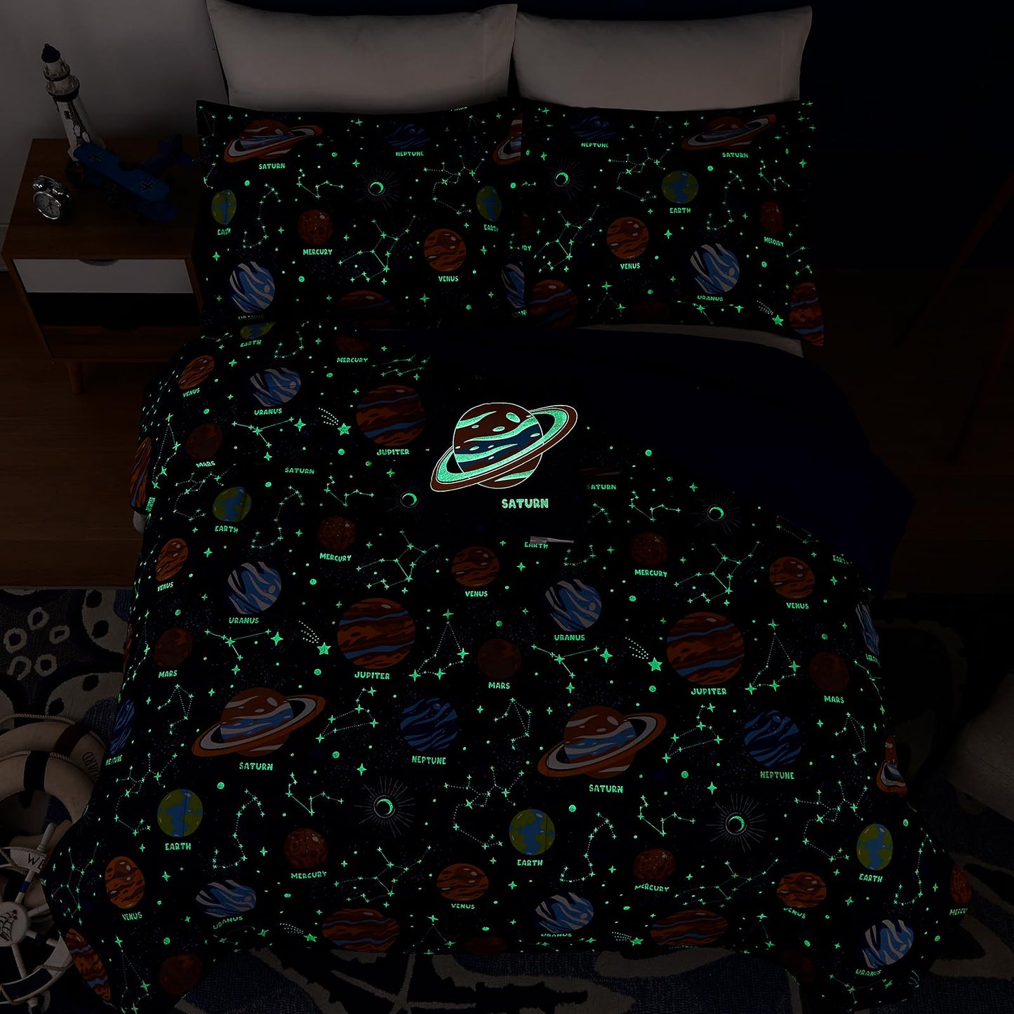 Wink Deer Twin Comforter Set for Boys-3 Pieces Space Glow in the Dark Twin Bedding Sets for Kids,1 Comforter,1 Sham and 1 Decor Pillow