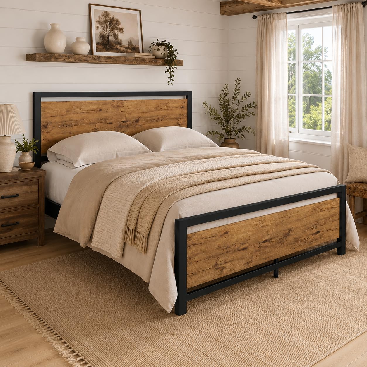 IMMERSTABLE Queen Bed Frame with Headboard, No Box Spring Needed, Sturdy Support Slats, Easy Assembly, Mattress Foundation for Bedroom, Guest Room and Apartment, Black Brown