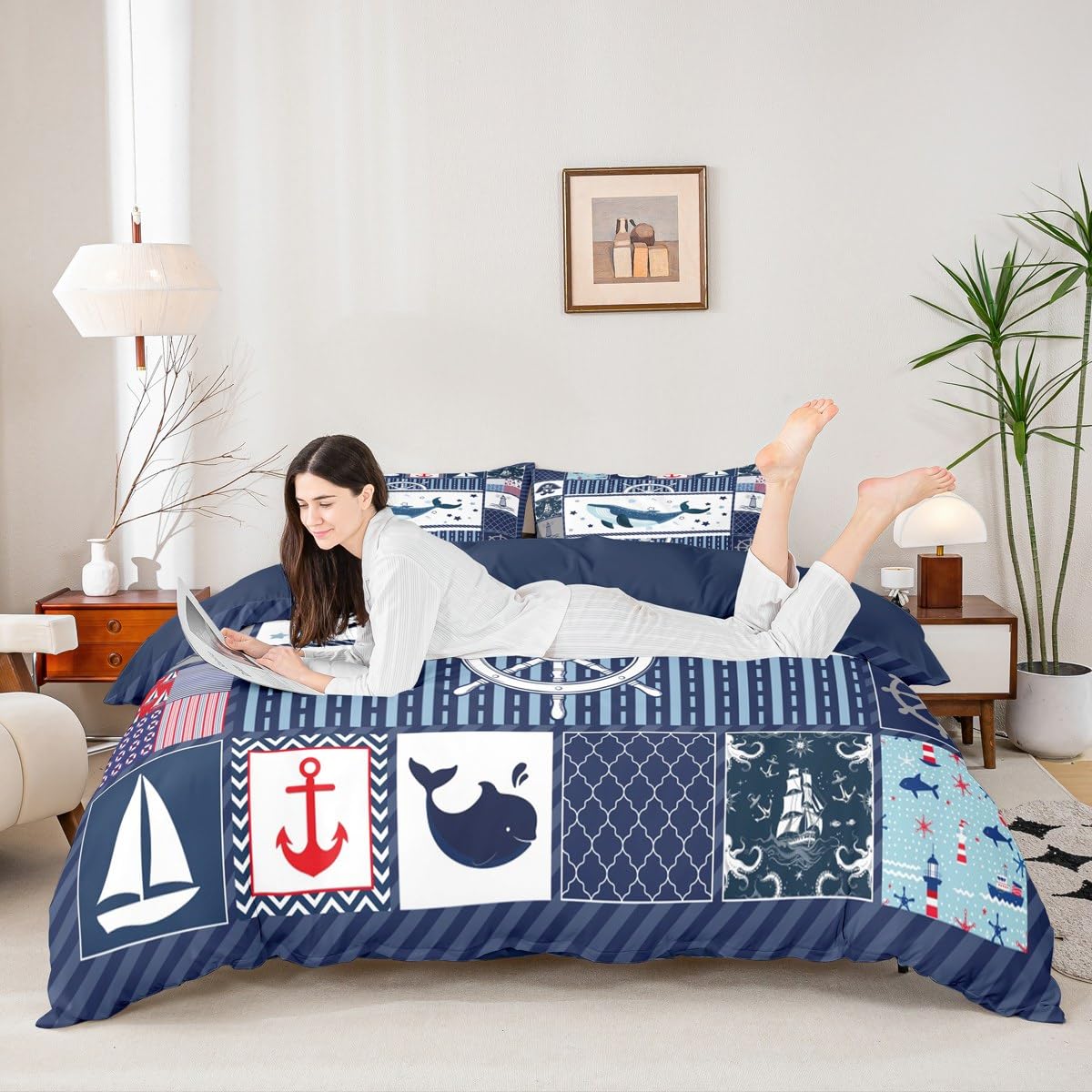 Homewish Sea Whale Duvet Cover Set Full Size,Nautical Anchor Ship Rudder Plaid Comforter Cover with 2 Pillowcases,Navy Blue Ocean Geometric Breathable Bedspread for Boys Teens,Pillow Sham