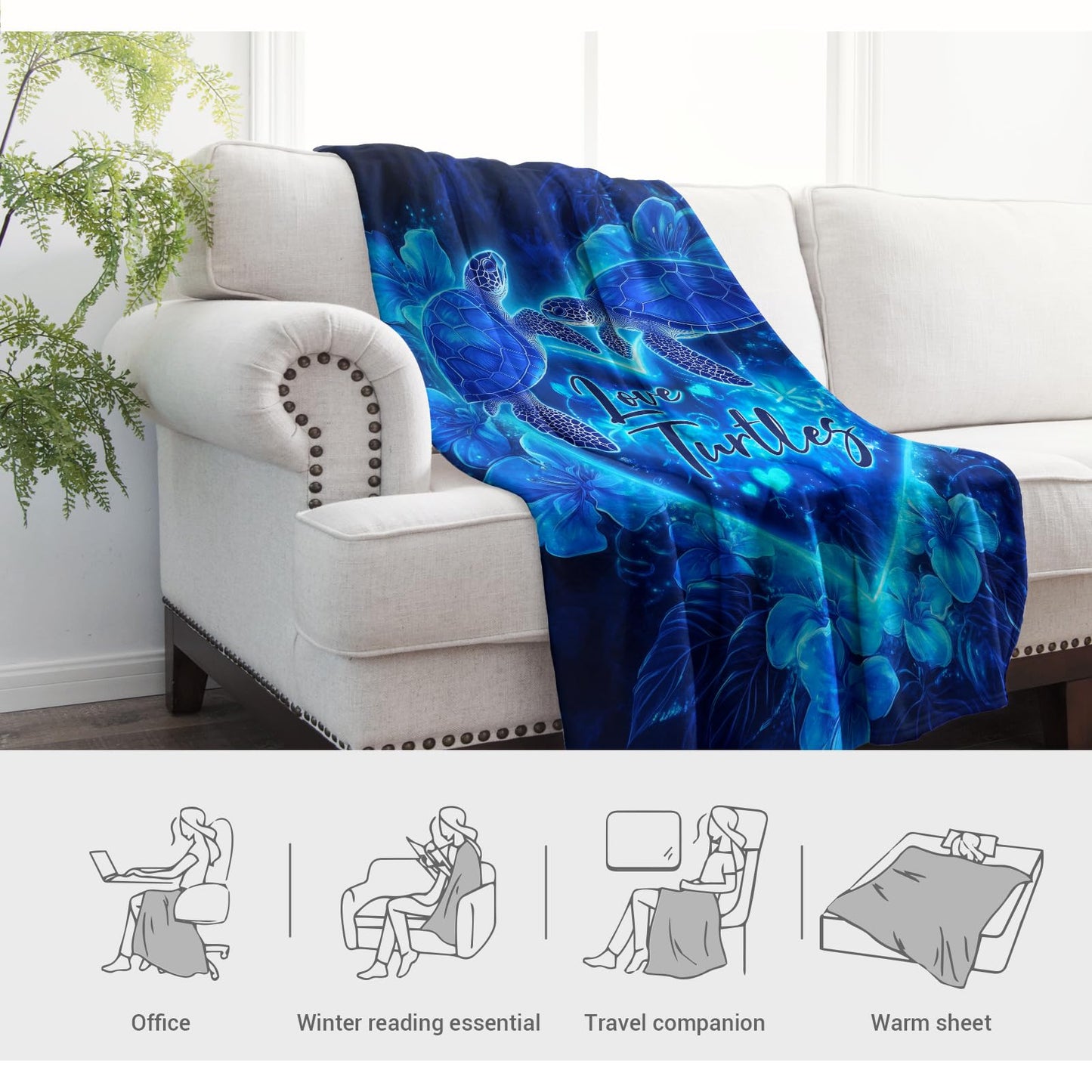 Jekeno Sea Turtle Floral Blanket Gifts for Women Girls Mom Birthday Mother's Day Christmas Blue Ocean Turtles Flowers Print Presents Decor Room Sofa Couch Soft Fuzzy Cozy Plush Throw Blankets 50"x60"