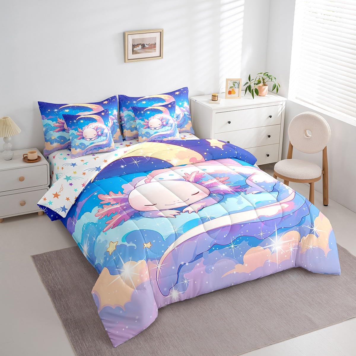 Feelyou Kids Cute Axolotl Bed in A Bag Twin Size, Galaxy 7 Pieces Bedding Set Boys Girls Cartoon Salamander Comforter Set with Sheets Kawaii Animal Teens Bed Set Bedroom Decor 7Pcs
