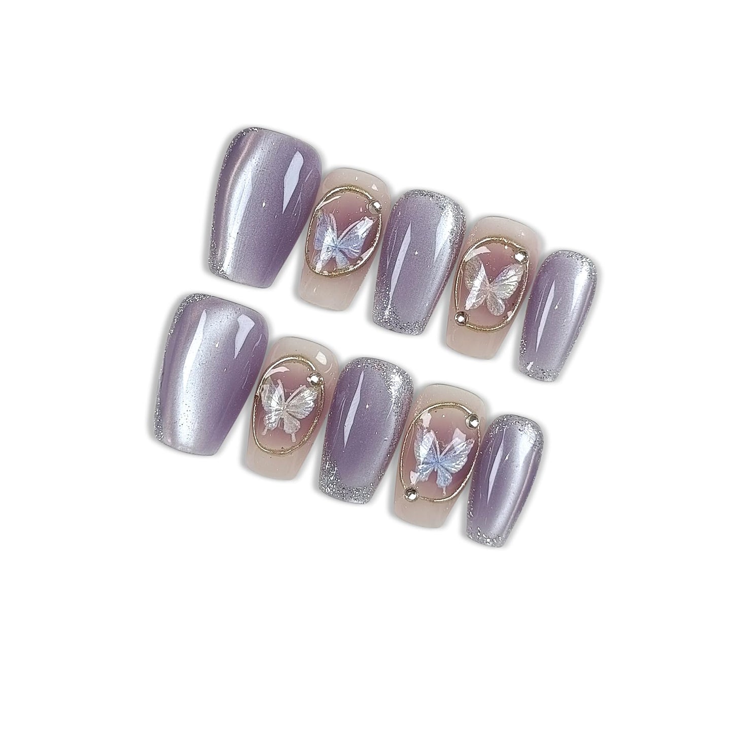 Hantyer Press on Nails, Medium Coffin Fake Nails, Purple Cat Eye & Hand-Painted Silver Lines, Butterfly Accents & Icy Lavender Glow, Gel Nails Sweet Style for Women Daily Wear & Party Events(Size M)