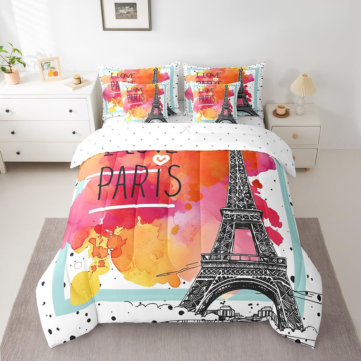 Erosebridal Eiffel Tower Comforter Set 7 Piece Bed in a Bag Twin,City Building of Paris Bedding Sets Romantic France Comforter and Sheet Set,Ink Art Tie Dye Bed Set