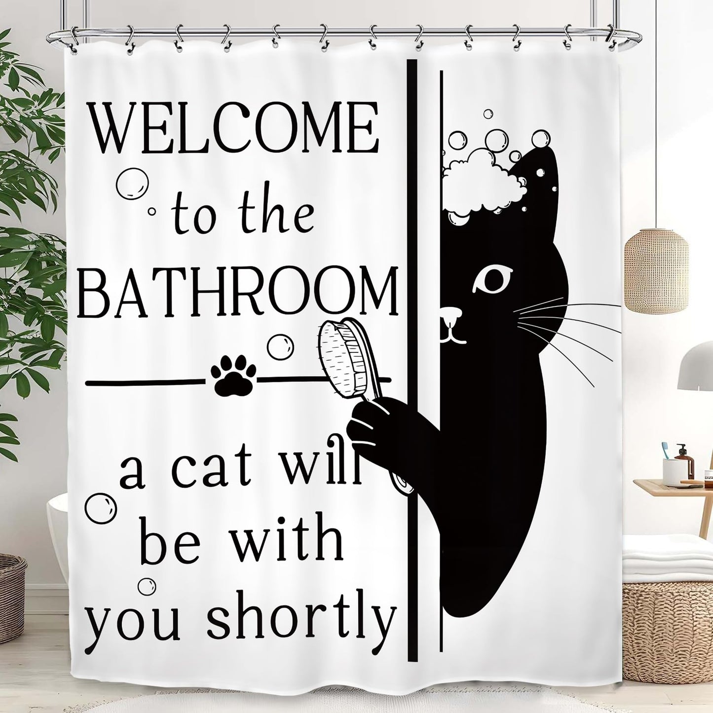 Kalmico Funny Hilarious Black Cat Shower Curtain 60Wx72L Inch Black White Cute Pet Animal Interesting Bathroom Set Accessories Decor with 12 Pack Hooks