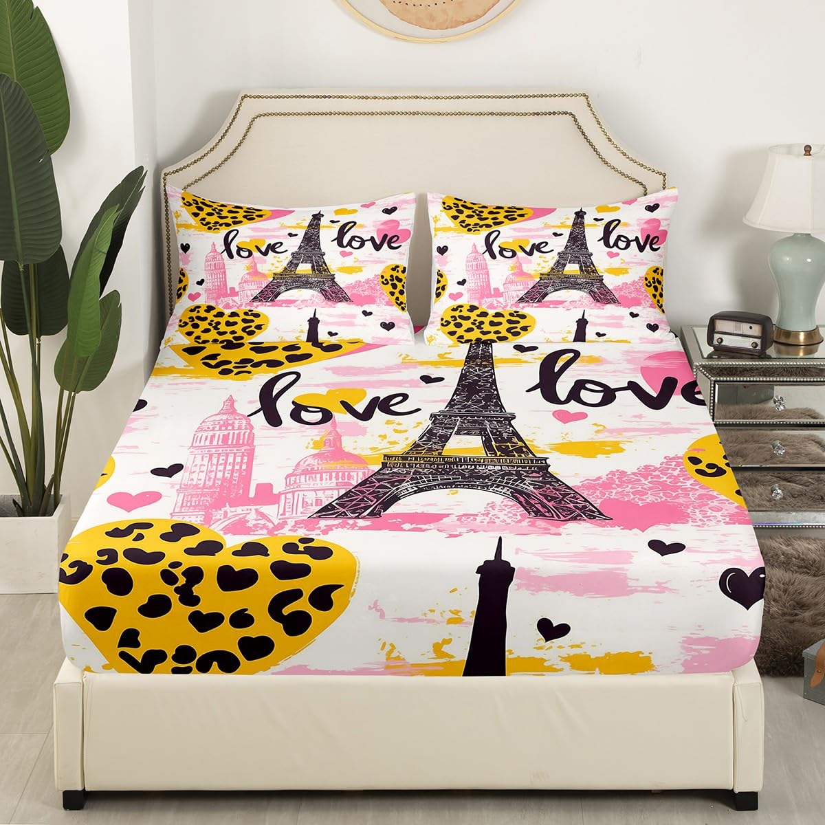 Eiffel Tower Fitted Sheet Full Size,Leopard Hearts Graffiti Bedding Set,Romantic Paris Bed Sheet 3 Pieces (No Flat Sheet),Modern Building Silhouette Deep Pocket Shee,2 Pillowcases