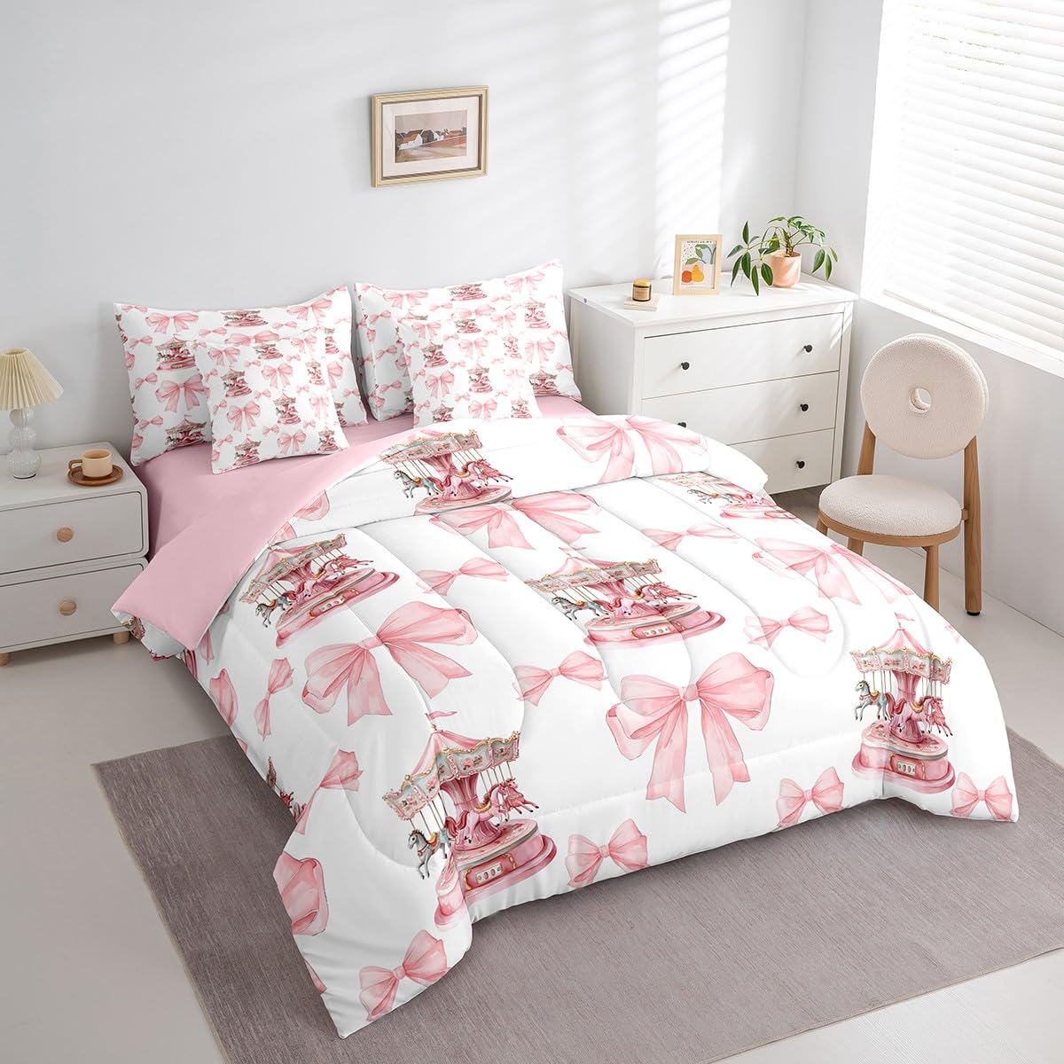 Erosebridal 7 Piece Girls Pink Princess Kids Comforter Set King Bed in a Bag,Romantic Bowknot Carousel Bedding Set for Kids Children,Dreamy Bows Duvet Insert,Cartoon Horse Geometric Sheet Set