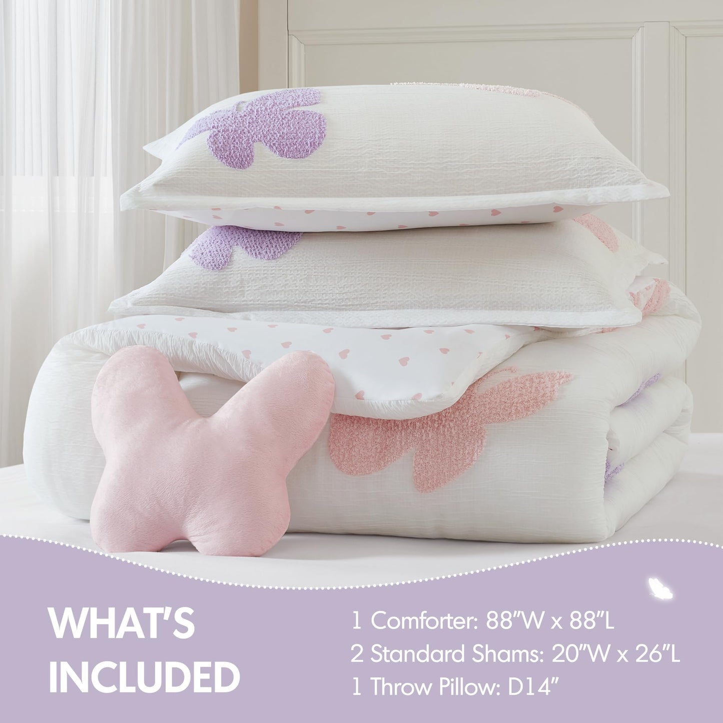 Intelligent Design Kids Rio Full/Queen Comforter Set – Girls’ Reversible Tufted Chenille Bedding with Pastel Purple Butterflies and Pink Dot, 4pcs