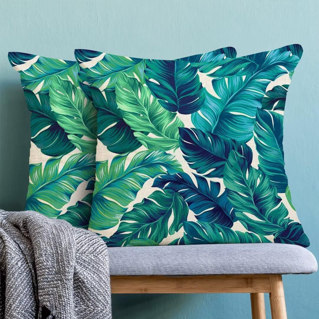 AEIOAE Summer Tropical Leaves Pillow Covers 20 X 20 Inch Set of 2, Green Palm Leaf Decorative Throw Pillow Covers Square Linen Botanical Plant Outdoor Cushion Covers for Couch Home Sofa Decor