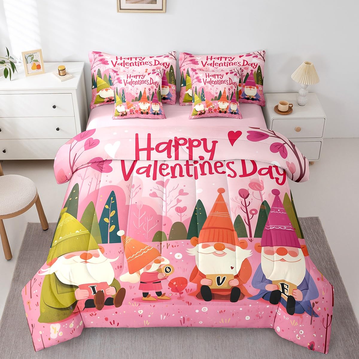 Erosebridal Happy Valentines Day Gnomes Queen 7 Piece Bedding Set - Cute Gnome Kids Comforter Sets with Sheets for Girls Boys, Romantic Pink Love Heart Print Bed in a Bag with Fitted + Flat Sheet
