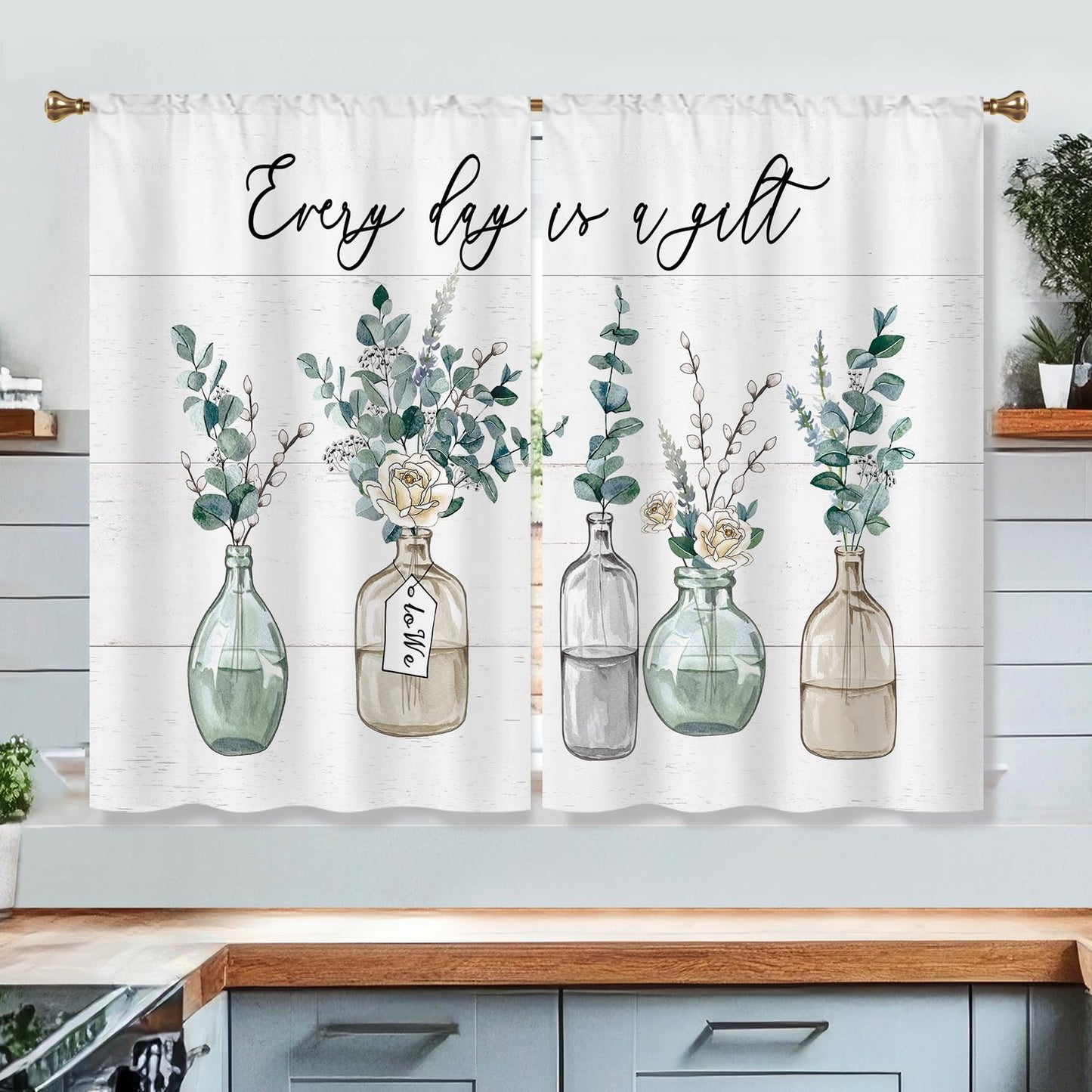 Cizuug Eucalyptus Bottles Plant Kitchen Curtains Green Leaf BotanicalSage Small Short Cafe Window Curtains Farmhouse Rustic Floral Vase Bathroom Tier Window Treatment Drapes 2 Panels