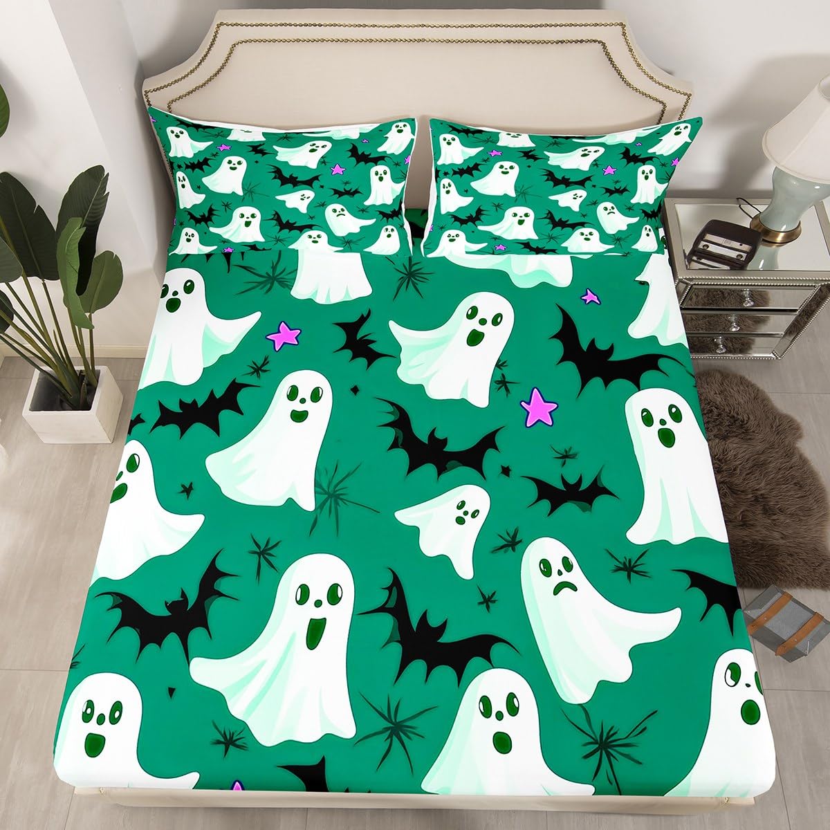 Feelyou Kids Halloween Sheet Set Queen Size, Cute Ghost Bed Sheets Set Boys Girls Ghost Festival Sheets with Deep Pocket Fitted Sheet Cartoon Bats Teens Bedding Set Bedroom Decor 4Pcs
