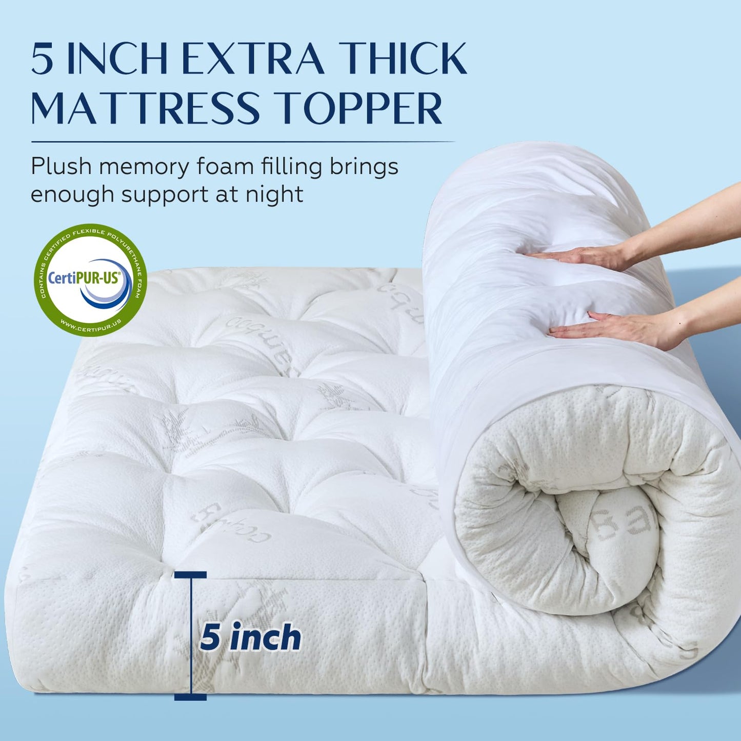 5 Inch Full Mattress Topper Viscose Derived from Bamboo,Extra Thick Pillow Top Mattress Pad Full Size,Cooling for Hot Sleepers,Memory Foam Filling for Pain Relief,White