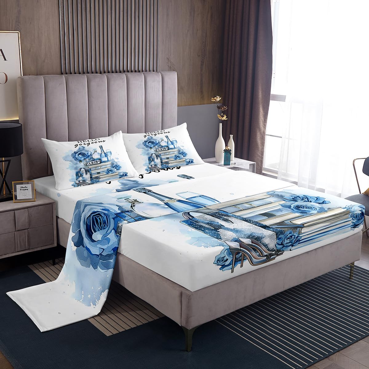 Erosebridal Girly Blue Bed Sheets King Size Silver Fashion Sheets Women Girls Teal Flower Perfume Sheet Set High Heels Champagne Magazine Books Floral Bedding Set Paris Romantic Decor