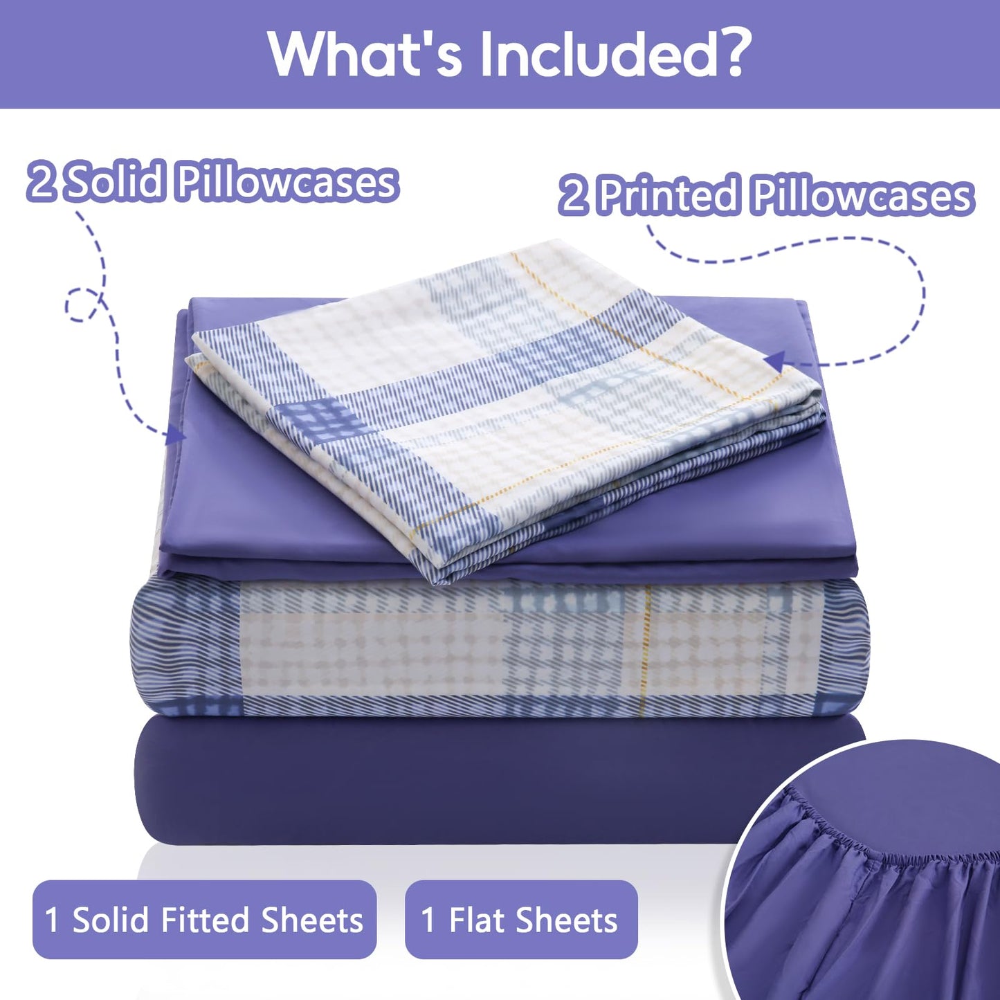 LONAVA Plaid Queen Size 6 Pcs Sheet Set, Breathable Microfiber Deep Pocket Peri Fitted Sheets, Comfy & Breathable Patterned Flat Sheets,4 Gentle Soft Pillowcases, Blue Plaid
