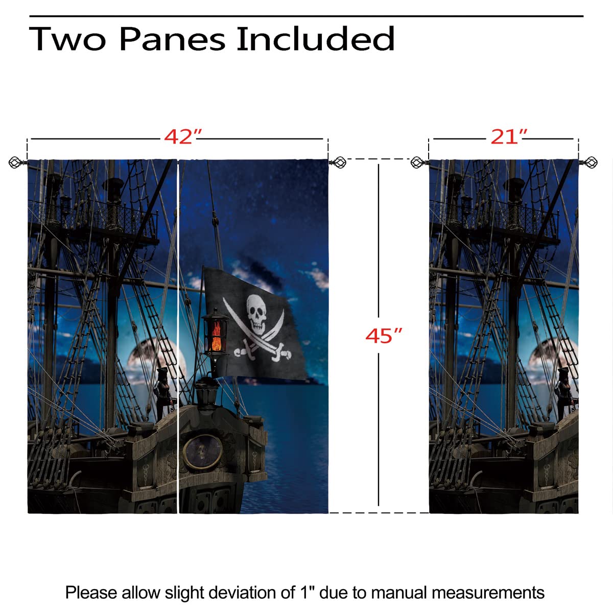 ONINUO Pirates Blackout Curtains for Girls Boy Home Decor, Ship Nautical Blue Adventure Marine Grommet Thermal Insulated Drapes Darkening Window Curtain for Bedroom Living Room, 42 x 45 Inch
