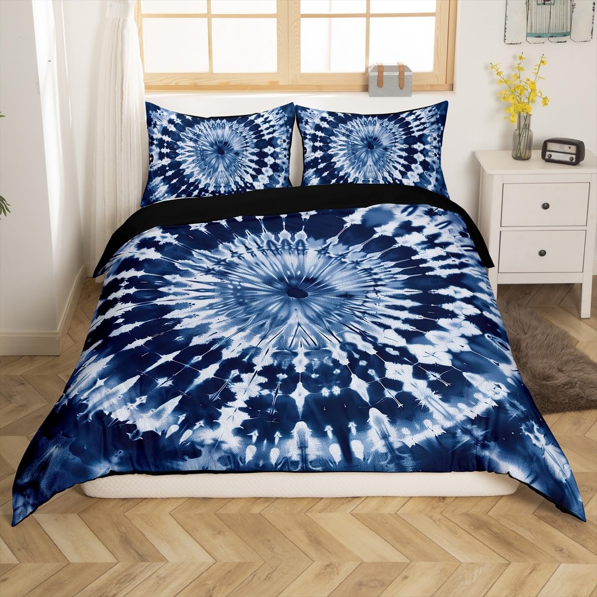Erosebridal Tie Dye Comforter Cover Purple Spiral Swirl Duvet Cover Batik Gypsy Bedding Set Modern Abstract Pattern Quilt Cover, Navy Blue, Room Decorative 3 Pcs King Size, Lightweight