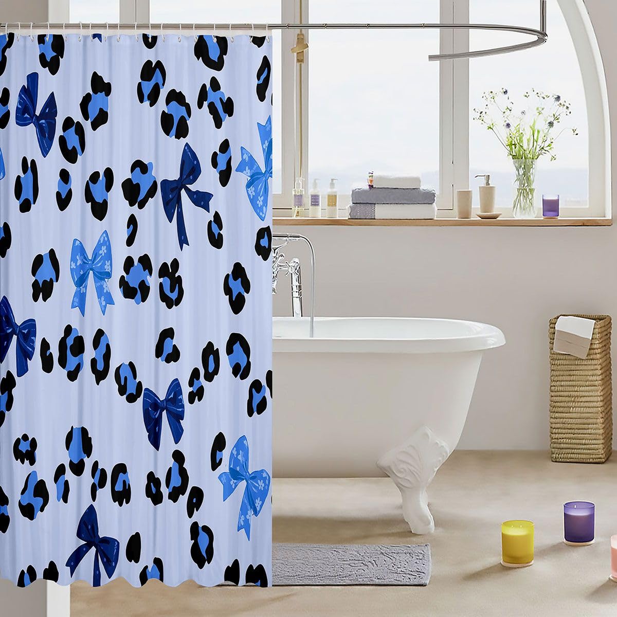 jejeloiu Blue Bow Shower Curtain for Bathroom Decor Cute Bowknot Bath Curtain Leopard Cheetah Print Bathroom Accessories Waterproof Polyester Fabric for Stalls Bathtubs 72"x72"