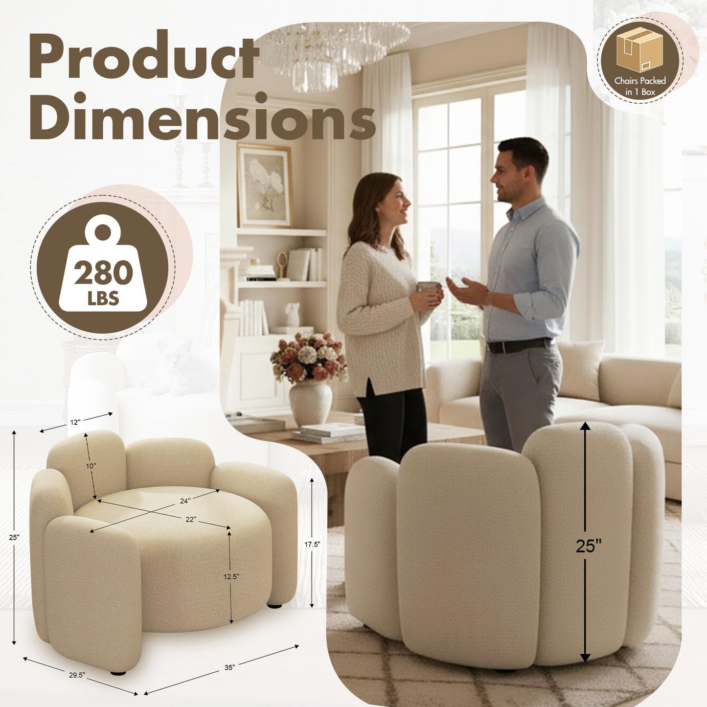Hyfirm Mid-Century Modern Accent Chairs Set of 2, Upholstered Chenille Barrel Chairs with Solid Wood Base, Comfy Reading Chairs for Living Room, Bedroom, Apartment, Deep Seat Side Chairs, Khaki