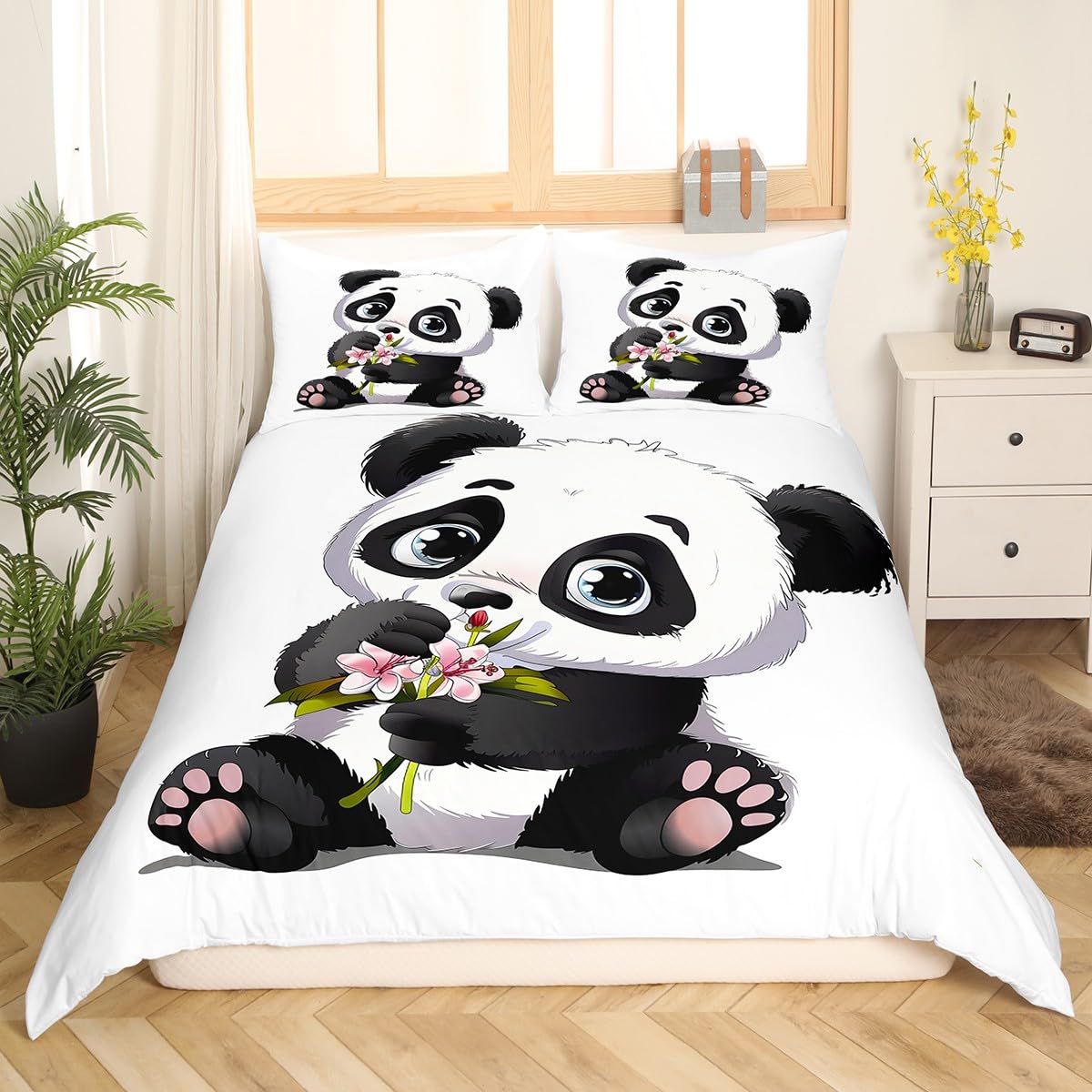 Feelyou Panda Bedding Set for Boys Girls King Size Cute Giant Panda Duvet Cover Set Kids Toddler Cartoon Animal Pattern Comforter Cover with 2 Pillowcases