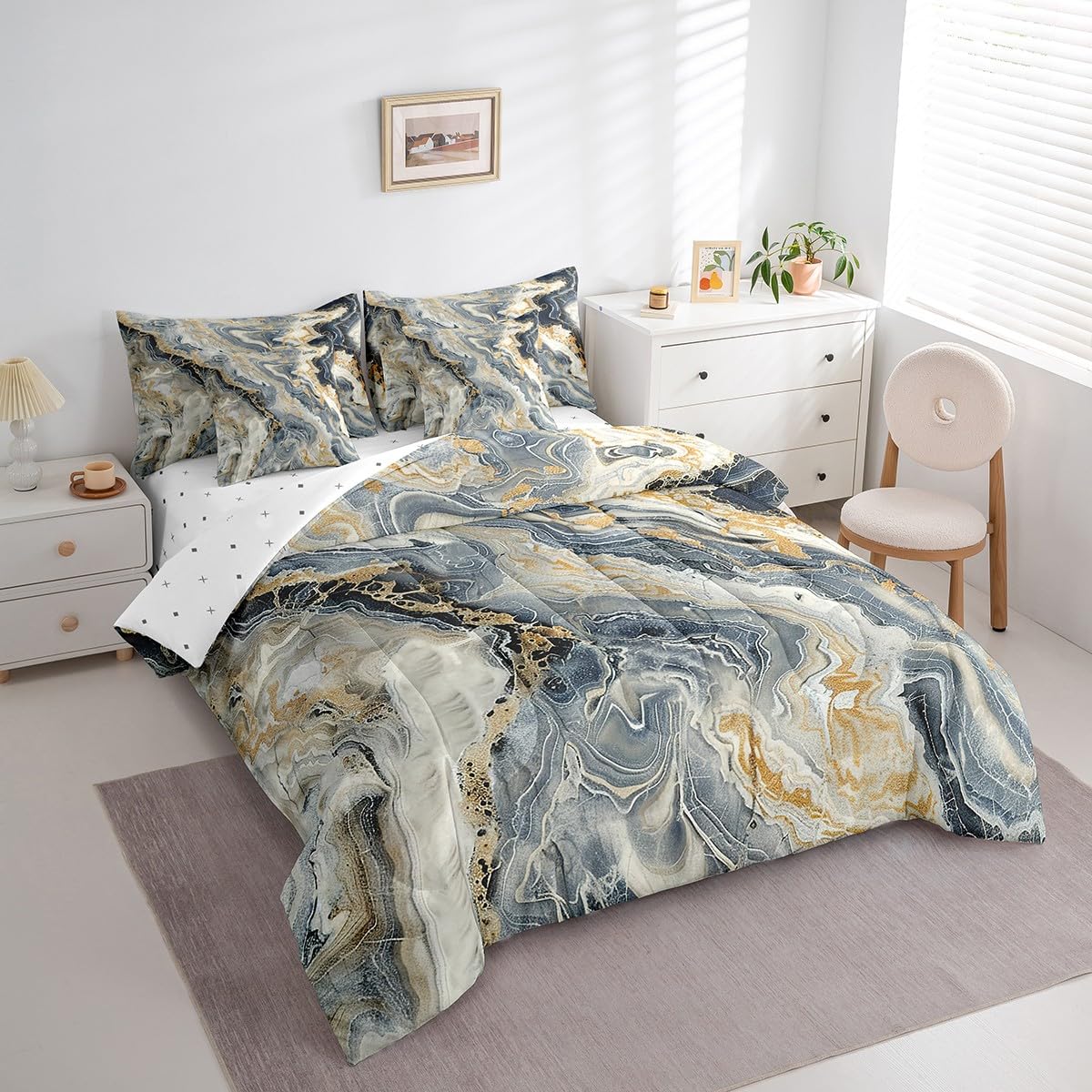 Erosebridal Marble 7 Pcs Comforter Set Queen Size Ink Fluid Bedding Modern Marbling Art Bed in A Bag for Kids Adults Luxury Stone Liquid Blue Gold Abstract Bed Set