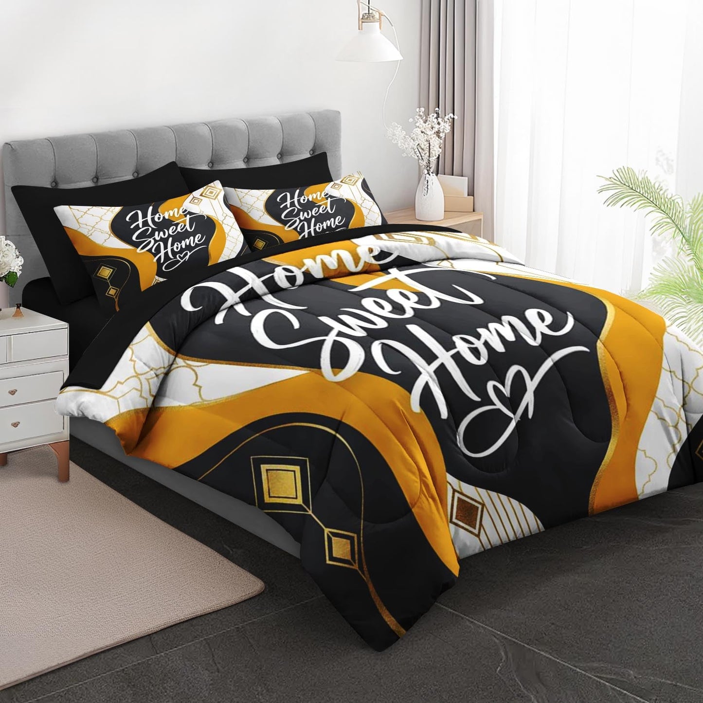 Boewywh Comforter Set Twin Size Housewarming Abstract Geometric 7 Pcs, Bedding for Kids and Adults, Modern Gold Bed Sheet Sets with Fitted Sheet 2 Pillowcases & 2 Shams for Bedroom Bed Decor