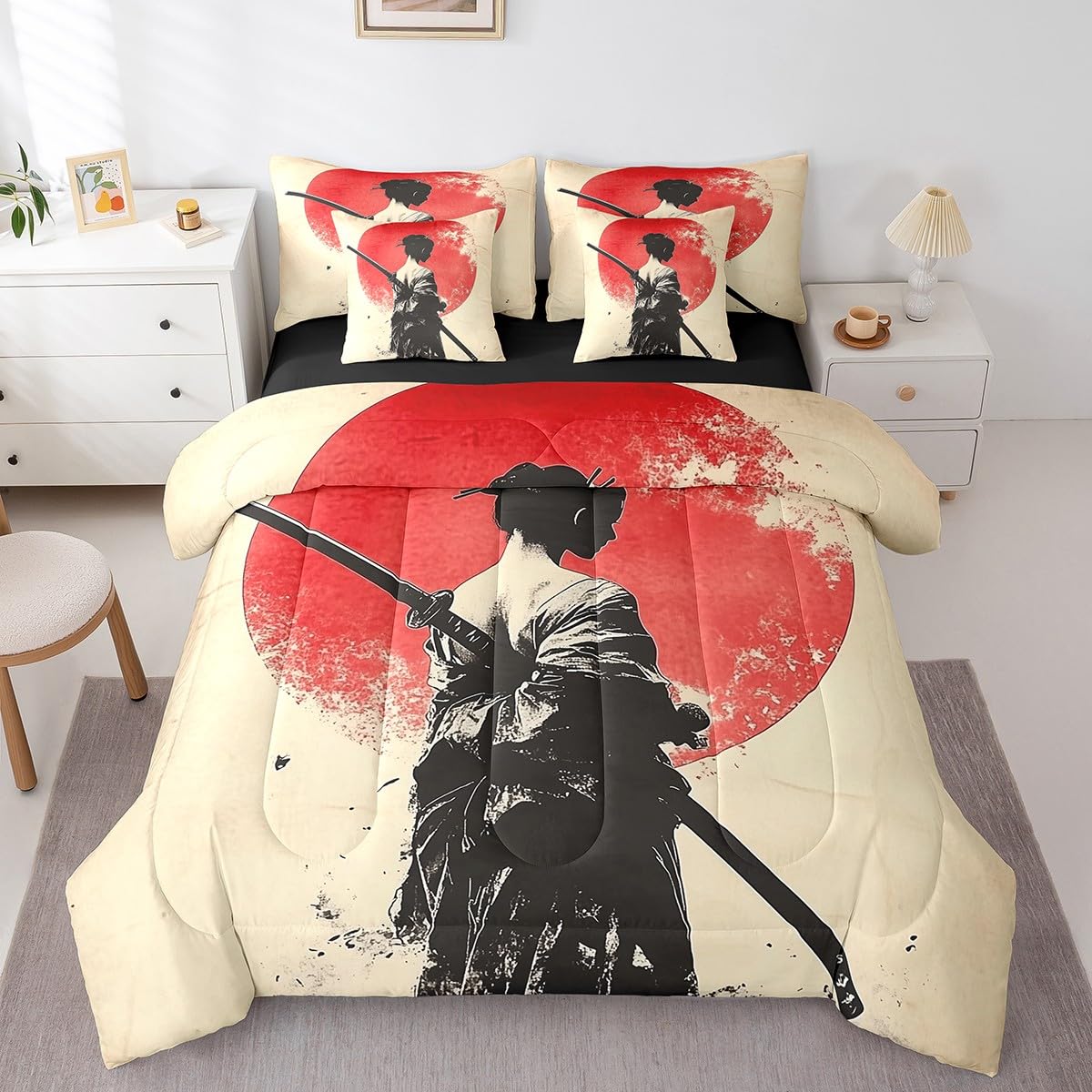 Erosebridal Cool Geisha Bedding Set 7Pcs,Female Samurai Comforter Set Twin for Kids Men Women,Japanese Ukiyoe Bed in a Bag,Traditional Kimono Quilt