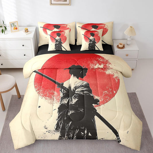 Erosebridal Cool Geisha Bedding Set 7Pcs,Female Samurai Comforter Set Twin for Kids Men Women,Japanese Ukiyoe Bed in a Bag,Traditional Kimono Quilt