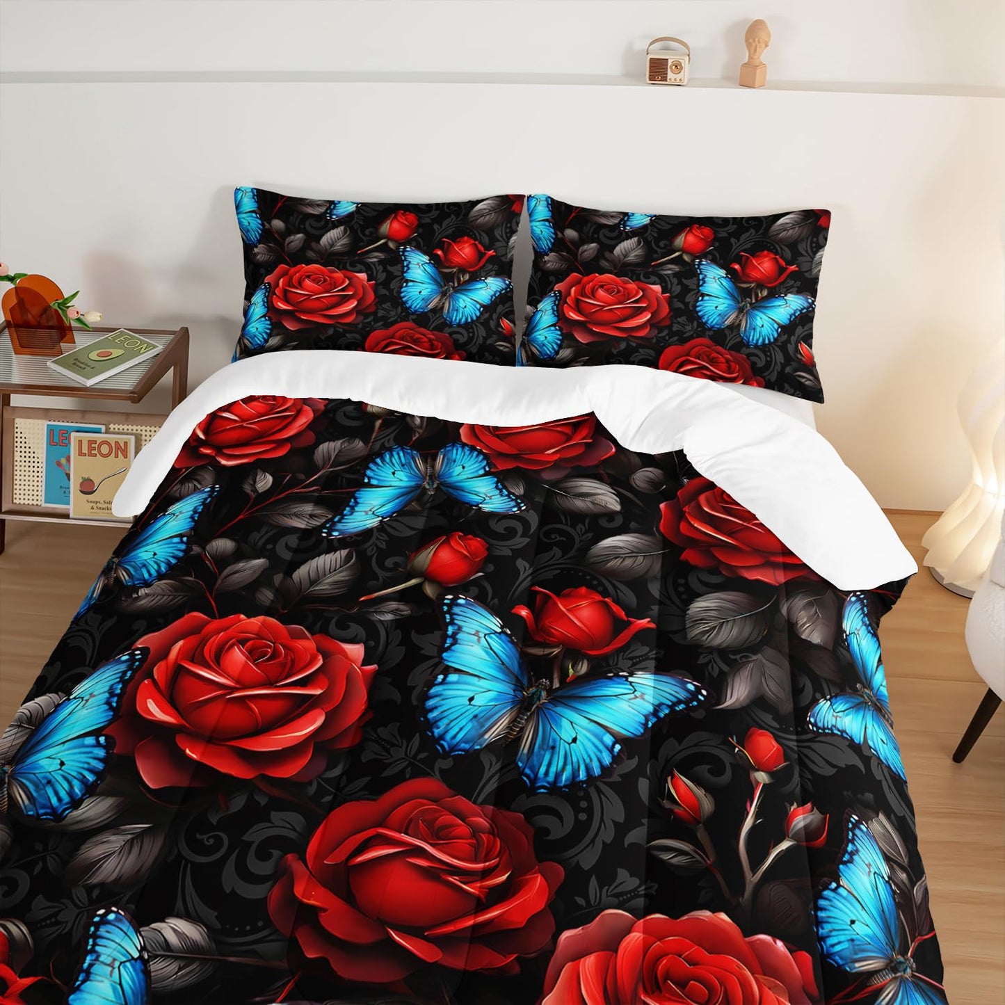 UEVBF Black Red Rose Comforter Sets,Blue Butterfly Comforter Set Queen Bedding Sets for Girls Women Bedroom Decor,Romantic Floral Themed Bedding Soft Lightweight Comforter Sets with 2 Pillowcases.