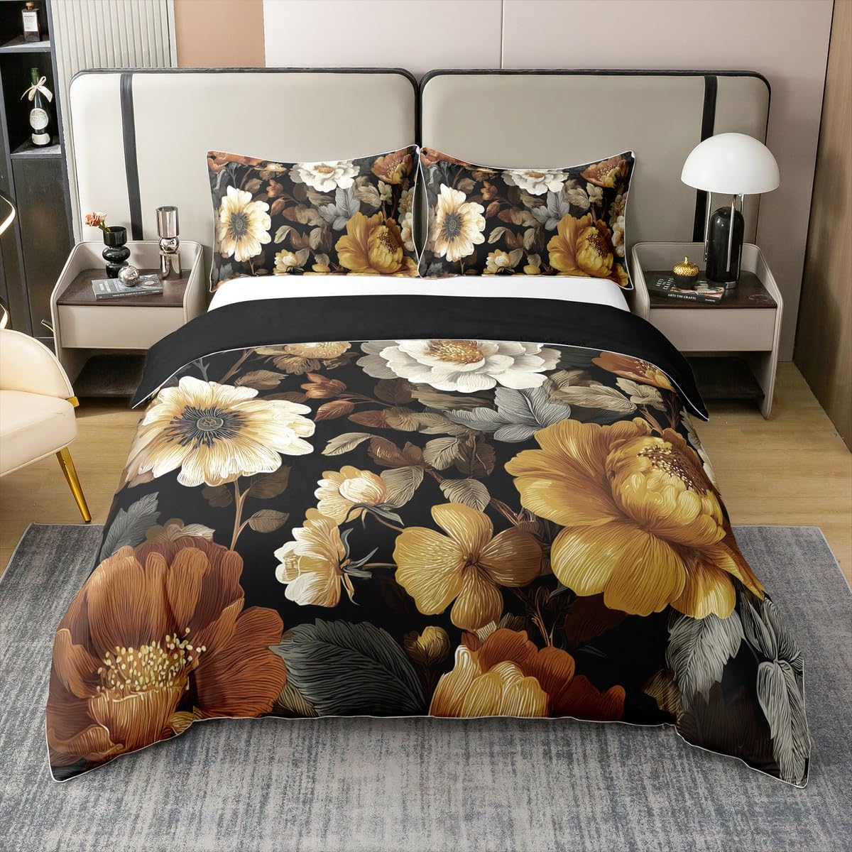 Erosebridal Mid Century Full 100% Cotton Duvet Cover, Abstract Boho Floral Bedding Set for Women Men Adults Kids, Colourful Tropical Leaves Comforter Cover, Chic Modern Flower Black Bedclothes
