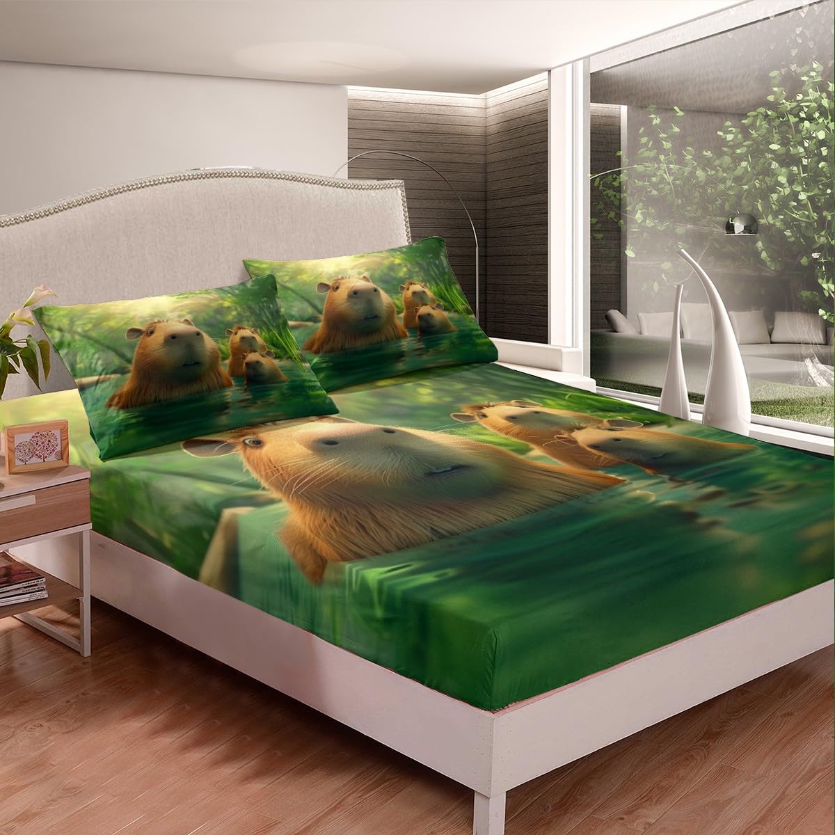 3D Capybara Kids Fitted Sheet Full Size,Lake House Fishing Bedding Set,Boys Girls Room Decor,Kawaii Animal Cartoon Wildlife Rustic Bed Cover,Green Brown Bed Sheet,2 Pillowcases