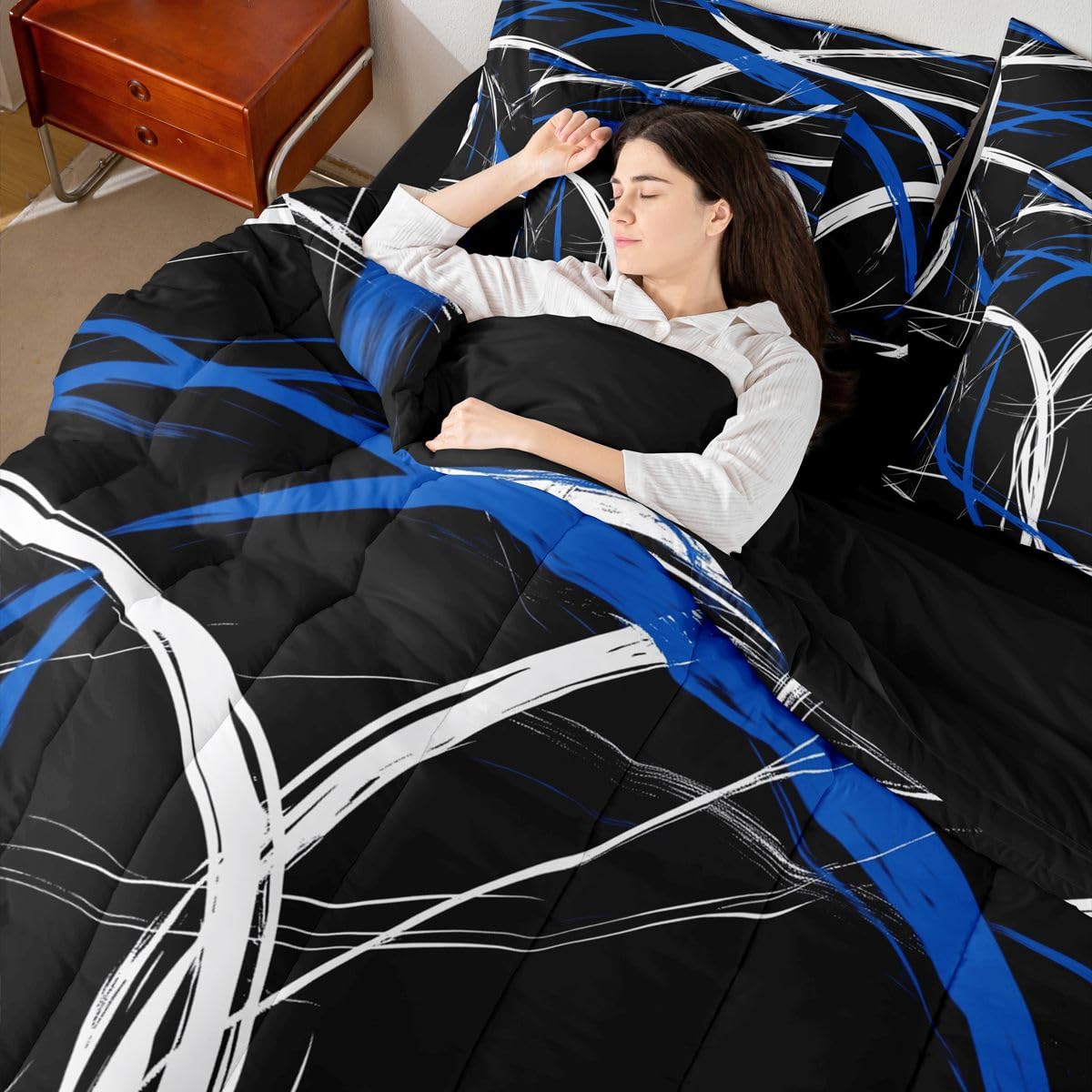 jejeloiu Modern Abstract Comforter Set Full SizeBlue Stripe 7 Pcs Bedding for Kids and AdultsGeometric Aesthetic Boys Girls Bed in a Bag Bed Sheet Sets with Fitted Sheet Pillowcases