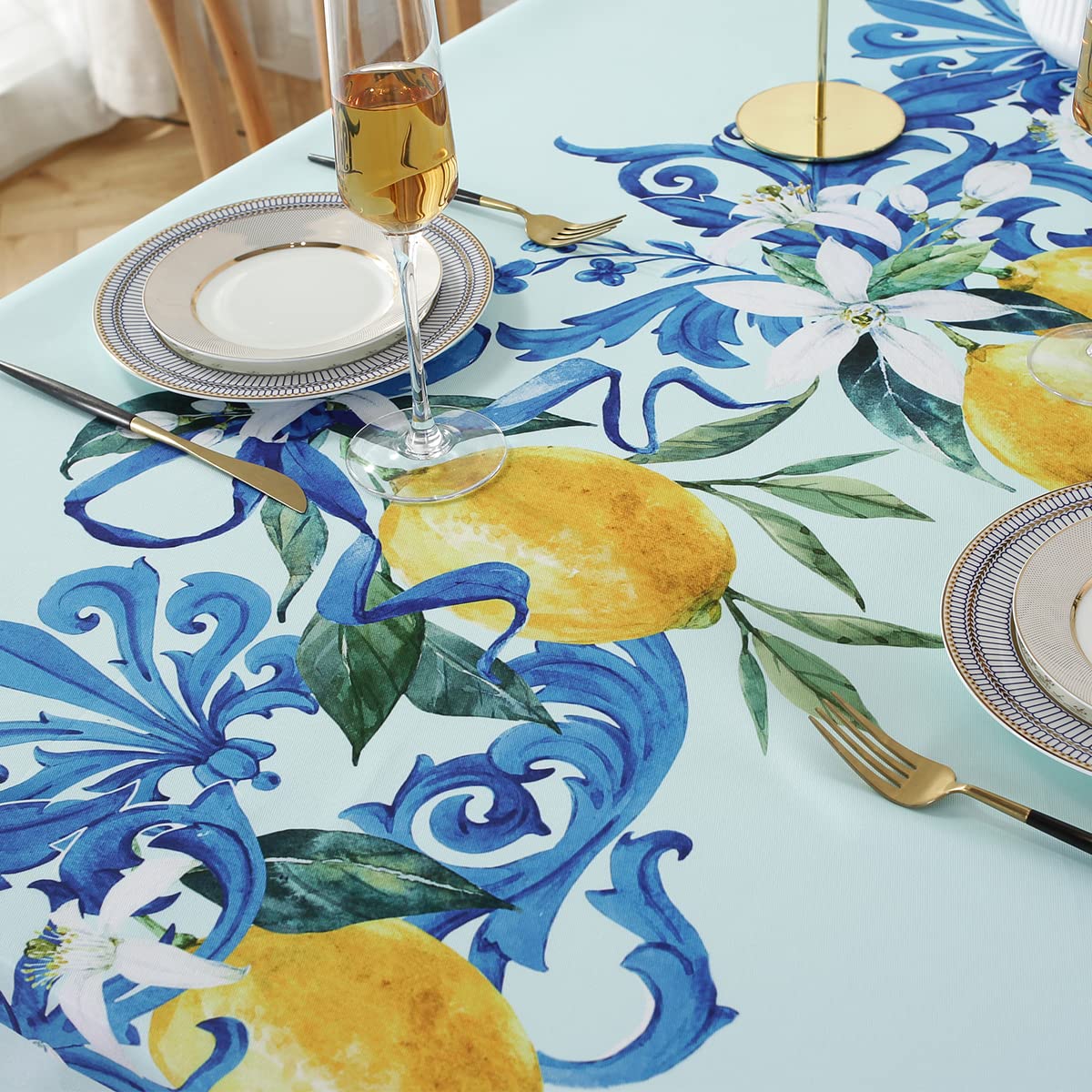 SASTYBALE Lemon Tablecloth Rectangle 52 x 70 Inch, Spill Proof Wrinkle Free Fabric Table Cloth, Polyester Table Cover for Summer/Dining/Party/Indoor/Outdoor, Blue