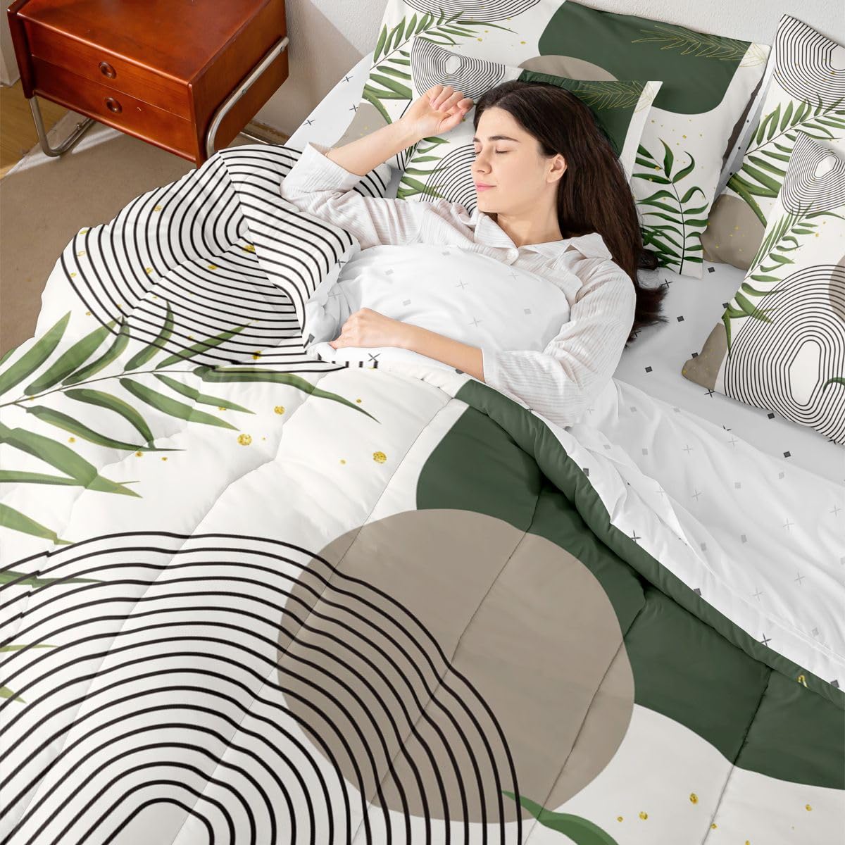 Erosebridal Boho Mid Century King Size 7 Pcs Bedding Set, Abstract Geometric Comforter Set with Sheets, Modern Bohemian Minimalist Bed Sets, Grey Green Circle Contemporary Chic Bed in A Bag