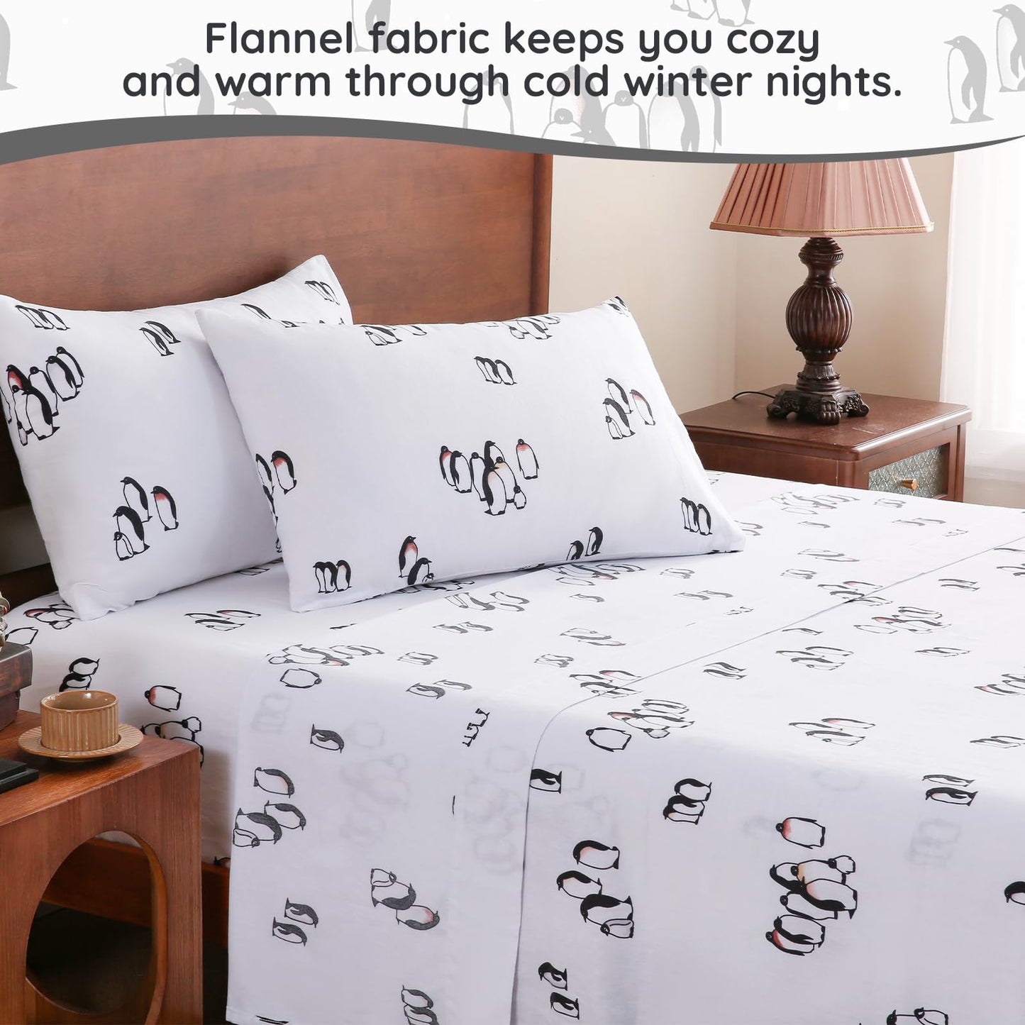 LONAVA 100% Cotton Flannel Sheet Set 4 Pieces, Heavy-Duty Fluffy Flannel Design, Thermal Lock Technology, 16 inch Deep Pocket Cozy Soft Bedsheets,(Twin,Peguin)
