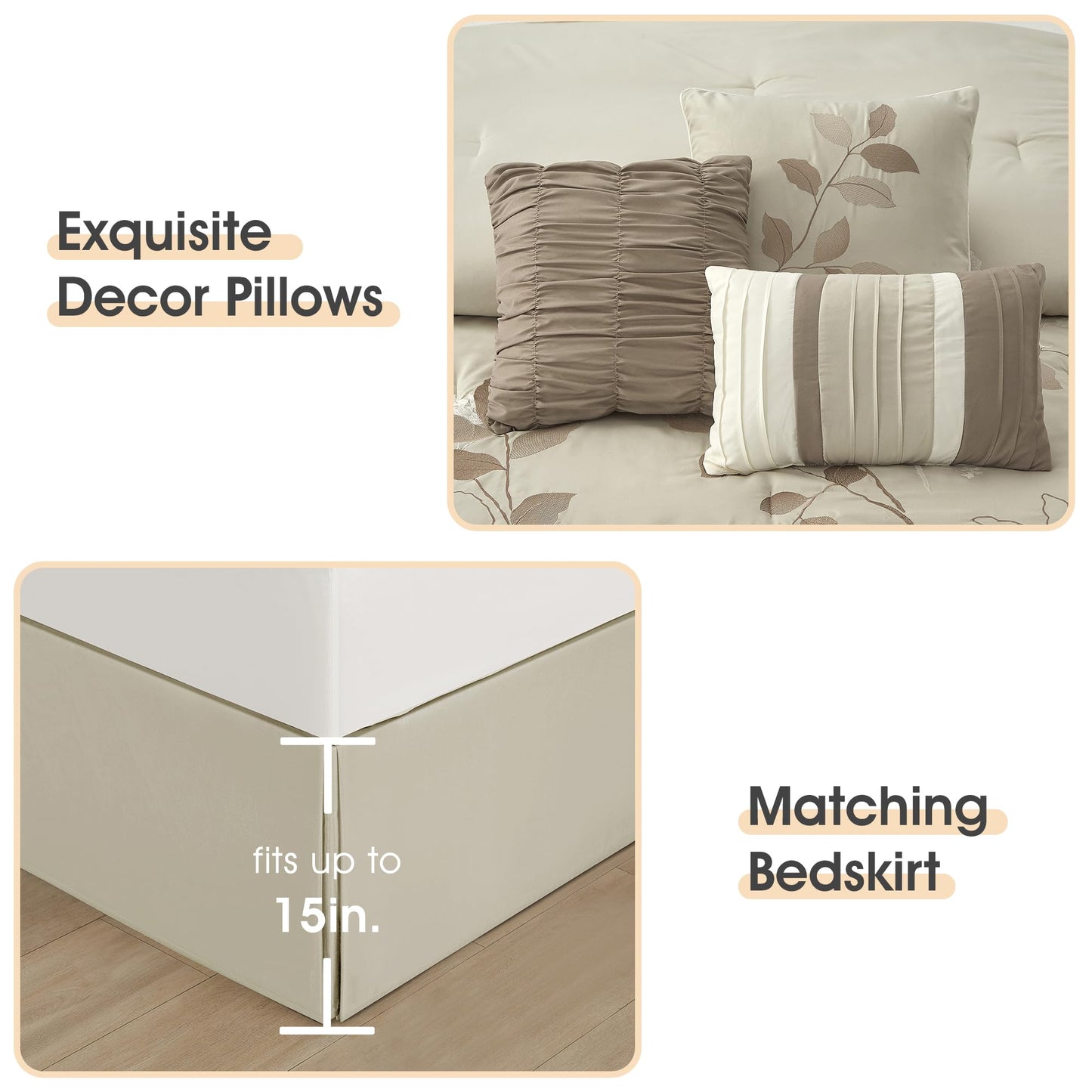 LANCO MODERN LIFESTYLE Beige Queen Comforter Set, 7 Pieces Bed in a Bag, Elegant Floral Leaves Embroidery, Soft and Lightweight All Seasons Bedding Set, Bedskirt, Pillow Shams, Decor Pillows