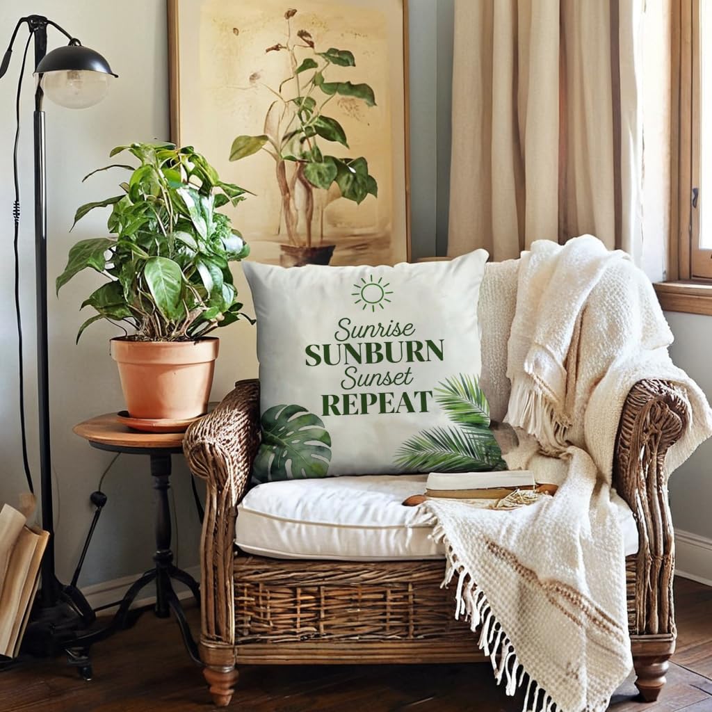 Set of 4 Summer Tropical Leaves Throw Pillow Covers 18x18 Inch, Green Plant Positive Vibes Sunshine Quote Cushion Cover Farmhouse Summer Sunshine Home Decor Pillowcases ,for Sofa Couch Patio (Green)