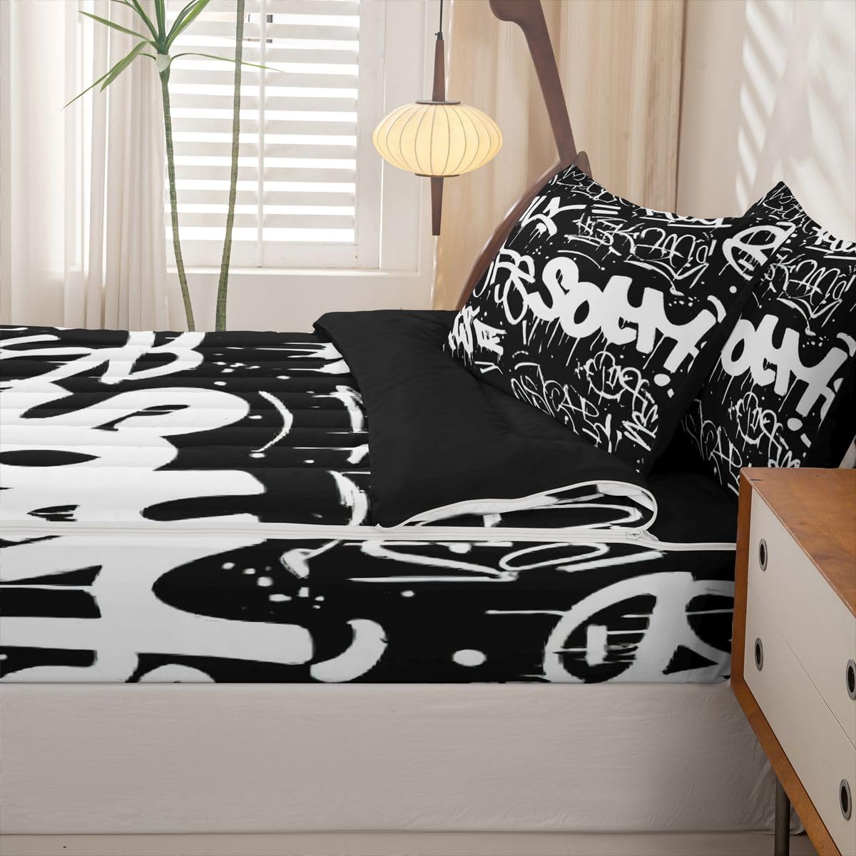 Erosebridal Black and White Graffiti Zipper Comforter | Minimalists Abstarct Twin Bedding for Kids Teens Adults Aesthetic Zipper Bed Set with Sheets Boho Modern Art Bed in a Bag Bedroom Decor