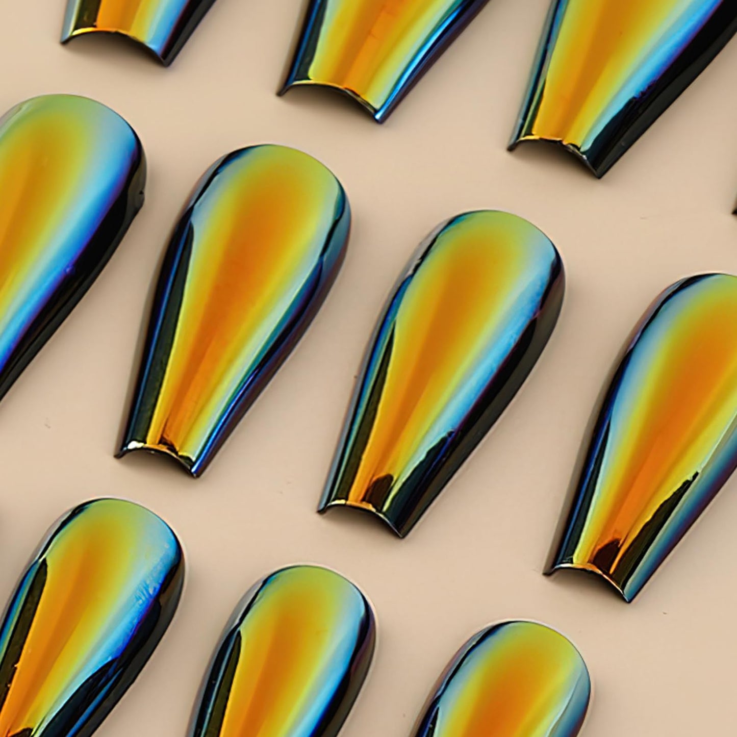 ROFIBUT 24pc Chrome Press On Nails Long Ballerina Glue on Nails Holographic Fluorescent Art Coffin False Nails Laser Mirror