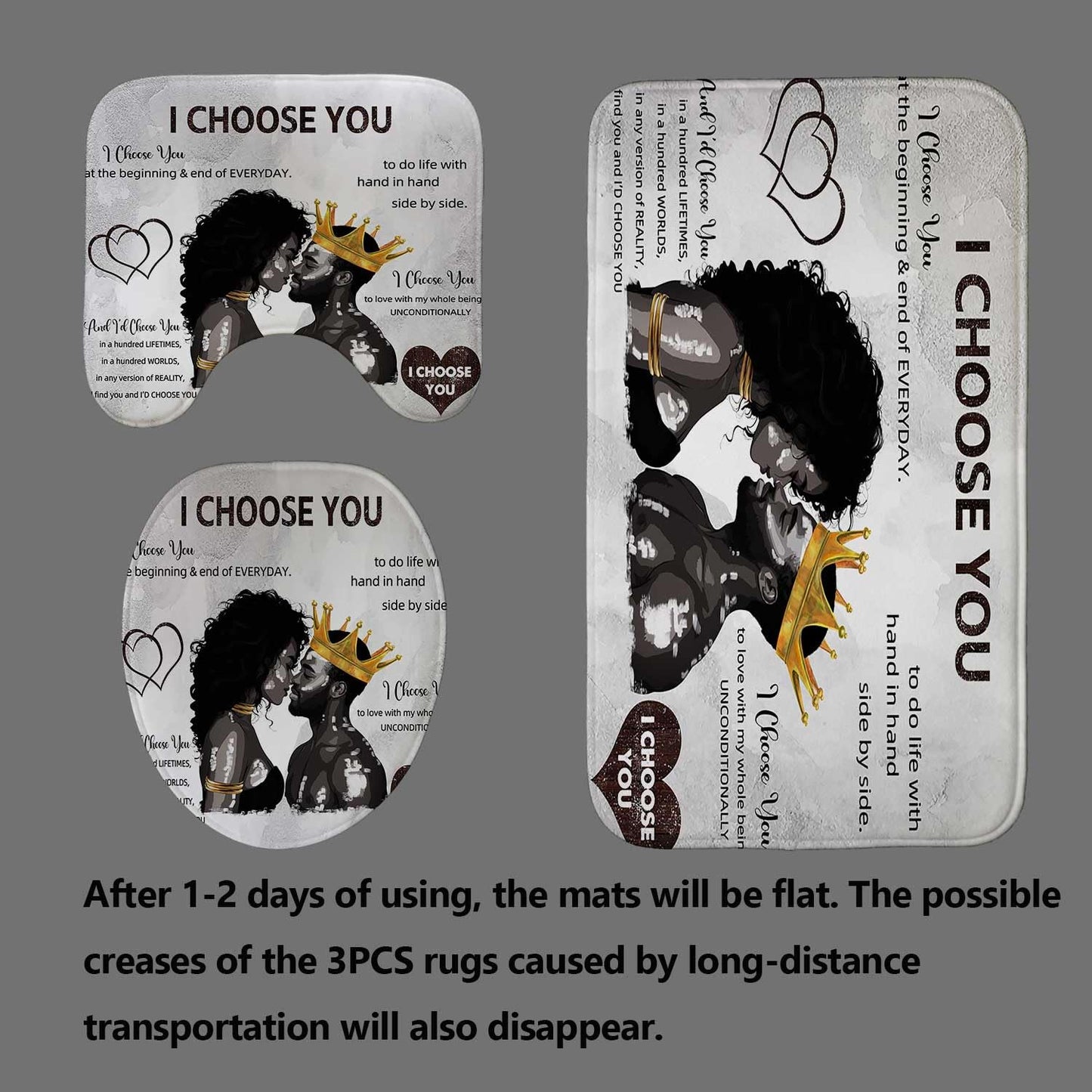 OLEBETY 4PCS African American Shower Curtain Sets with Rugs, Waterproof Fabric Grey Shower Curtain, Black Women Men King Romantic Quotes Anniversary Afro Lovers Couple Bathroom Decor, I Choose You