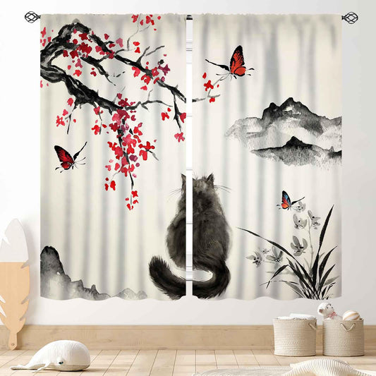 Japanese Curtains, Traditional Ink Painting Black Fluffy Cat Red Cherry Blossom Floral Branch Oriental Asian Style Nature Mountains Printed Drapes for Bedroom Living Room Bathroom Window, 42"x45" Inch