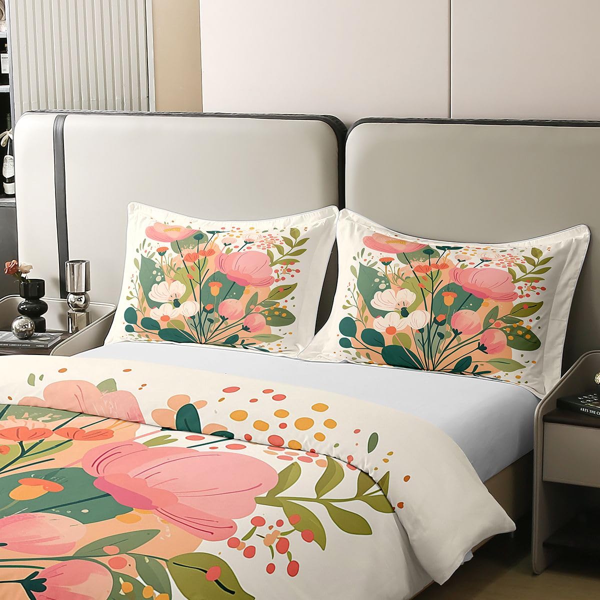 Erosebridal Florals Bedding Set Full Spring Leaf Floral 100% Cotton Duvet Cover Summer Botanical Garden Comforter Cover for Kids Girls Boys Adults Beige Pink Flower Bedclothes 3 Pcs