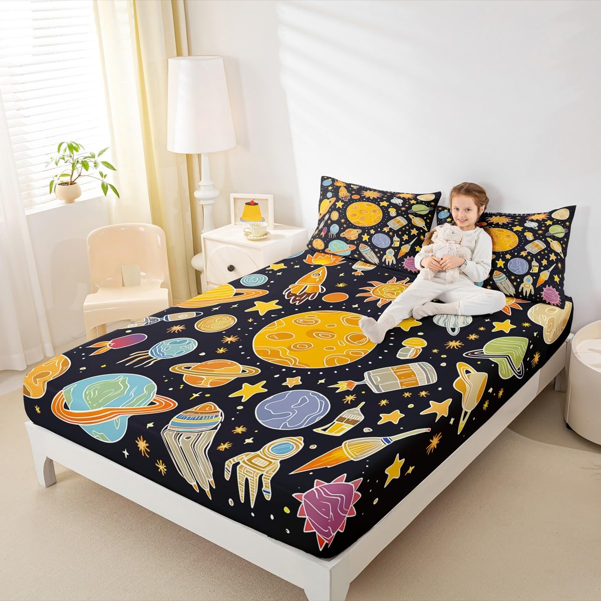 Outer Space Bed Sheet Set Twin, Solar System Fitted Sheet for Kids Planet Solar System Bedding Set Boys Girls Educational Bed Cover Bed Set 2Pcs (No Flat Sheet)