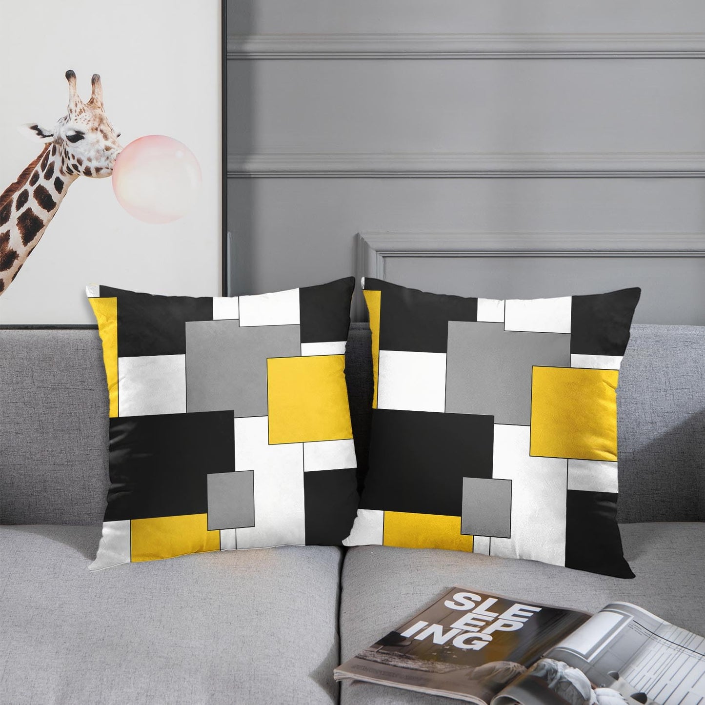Emvency Set of 2 Yellow Geometric Throw Pillow Covers Black Grey White Painting Abstract Checkered Design Decorative Pillow Case Modern Home Decor Standard Square 18x18 Inch Cushion Pillowcase