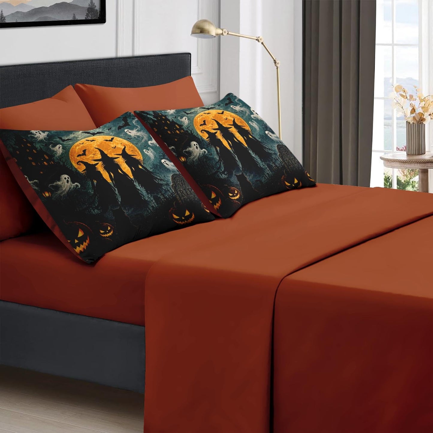 Boewywh Comforter Set Twin Size Halloween Witch Ghost 5 Pcs, Bedding for Kids and Adults, Bed Sheet Sets with Fitted Sheet Pillowcase & Sham for Bedroom Bed Decor