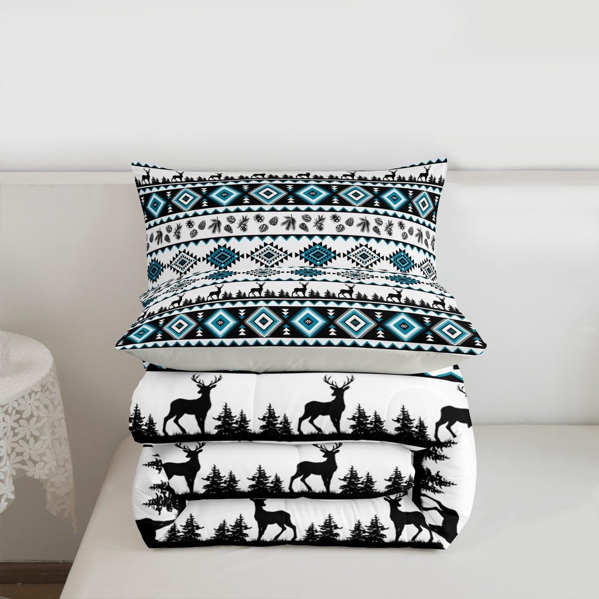 Deer Silhouettes Comforter Set Queen Size ,Aztec Abstract Geometric Print Down Alternative Adults Room Decor,Western Elk Animals Southwest Tribal Ethnic Ultra Soft Microfiber Inner Fill 3Pcs Bedding
