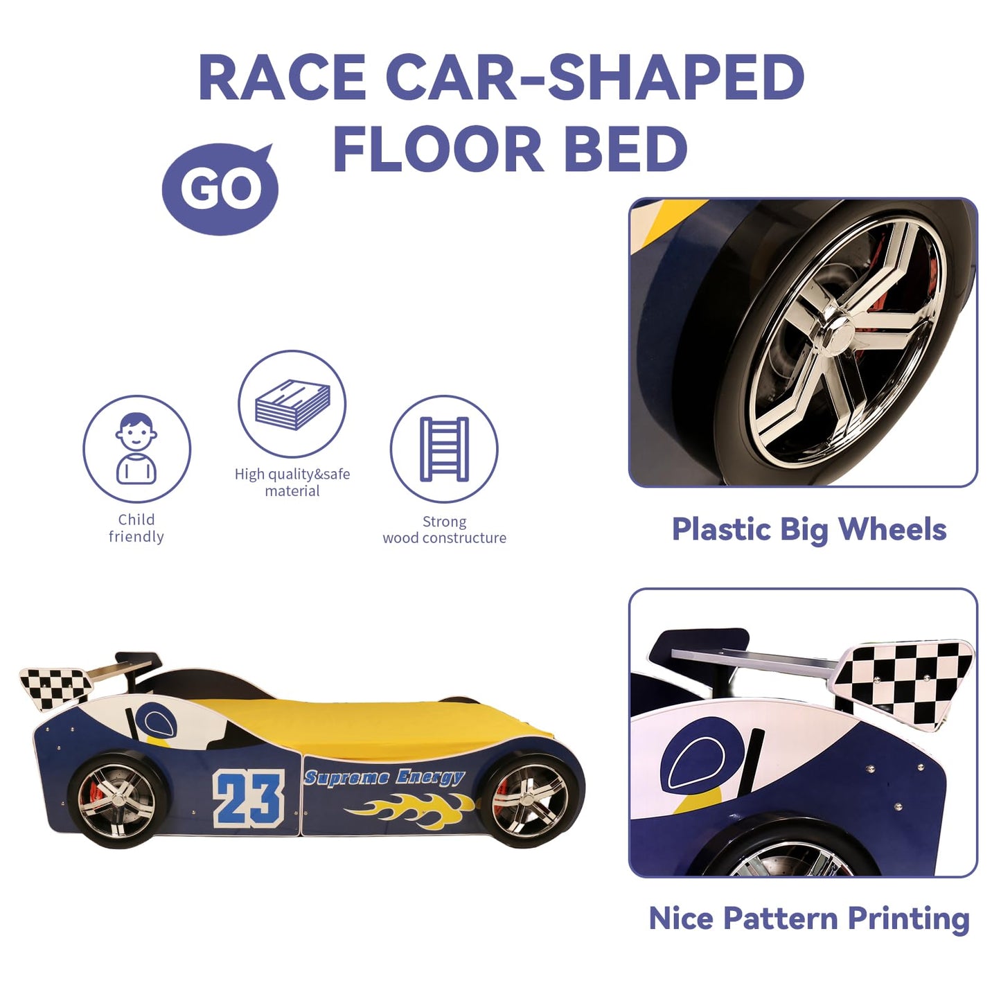 LKTART Car Bed Twin Size for Kids, Race Car Shaped Wooden Platform Bed Frame with Headboard Wheels and Support Slats for Boys Toddlers Child's Bedroom (Blue)