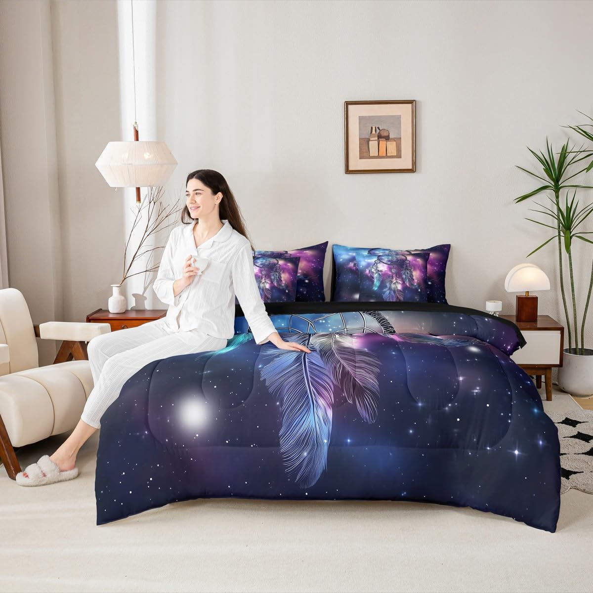 Erosebridal Dream Catcher Full Comforter Set, Nebula 7-Piece Bed in A Bag, Purple Feather Sheets and Pillowcases, Galaxy Starry Sky Bed Sets